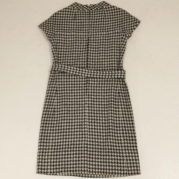 Vintage 60s Wool Dress Houndstooth Check Black & White Classy Midi SeeMeasure - Picture 10 of 16